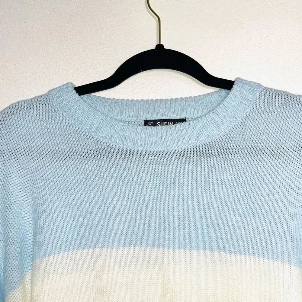 SHEIN Colorblock Sweater Baby Blue White Gray Drop Shoulder Medium Women’s